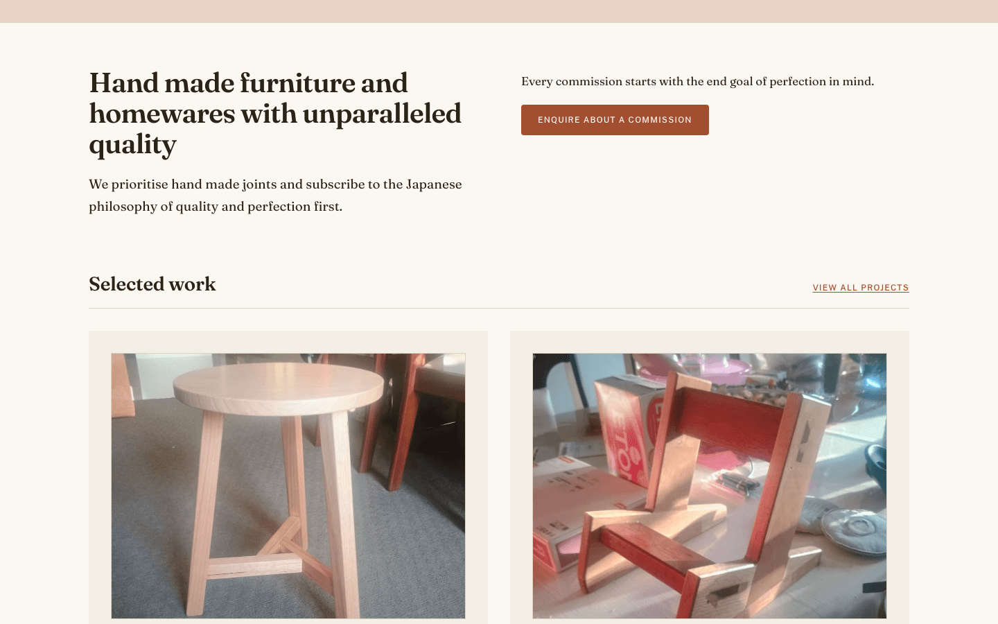 WooDinh home page: the heading “Hand made furniture and homewares with unparalleled quality”, an enquiry button, and photos of a timber stool and shelf under “Selected work”.