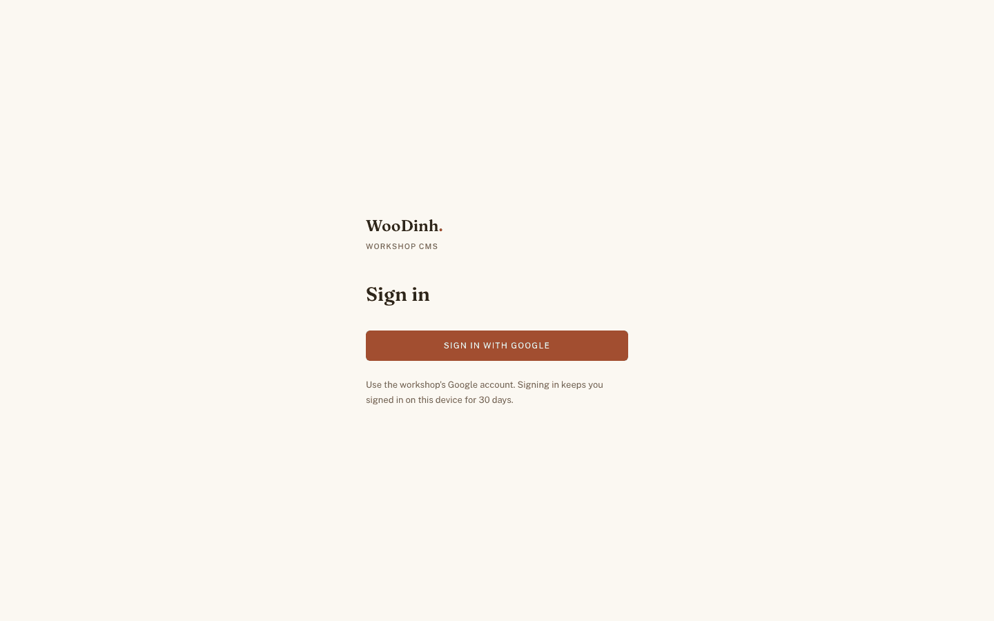 WooDinh Workshop CMS sign-in page with a single “Sign in with Google” button.